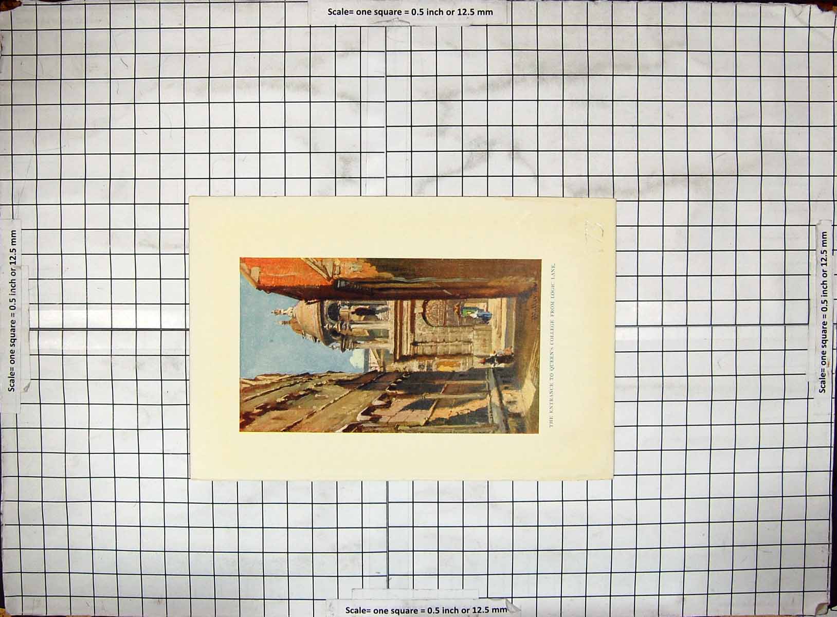 Original Old Antique Print Colour View Entrance Queen'S College Logic Lane