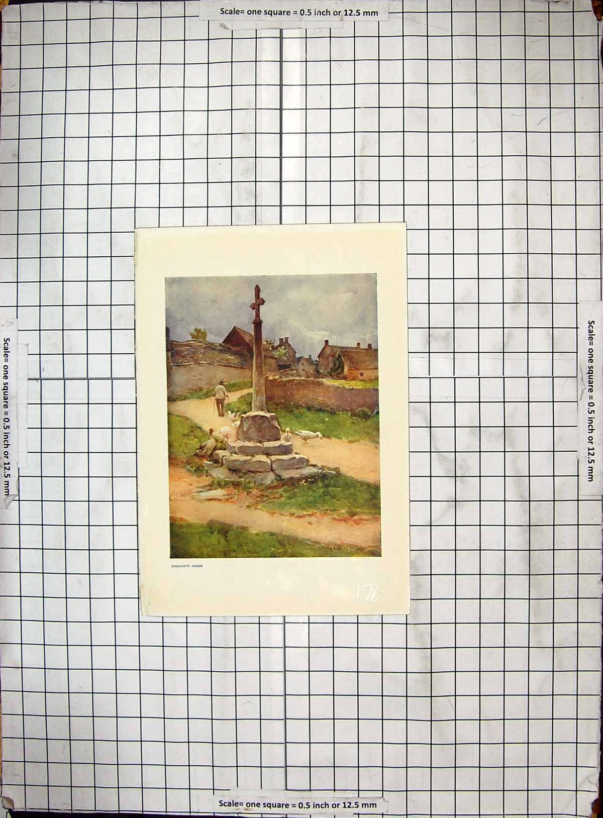 Original Old Antique Print Colour View Condicote Cross