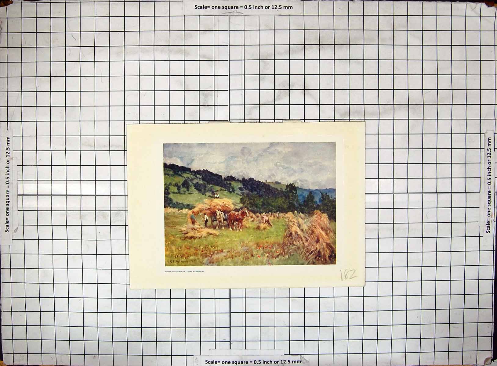 Original Old Antique Print Colour North CotswWillersley Horses Hay Cart 19th