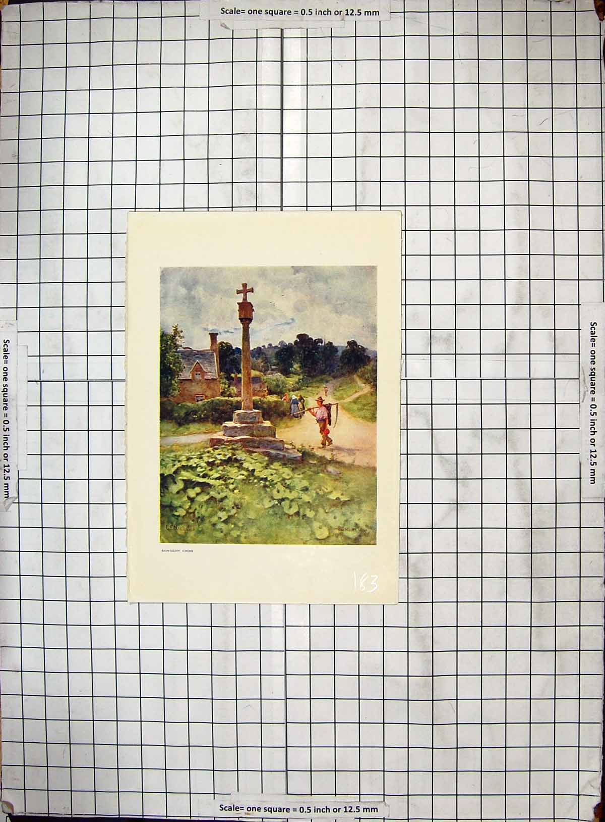 Original Old Antique Print Colour Saintbury Cross Man Scythe 19th Century