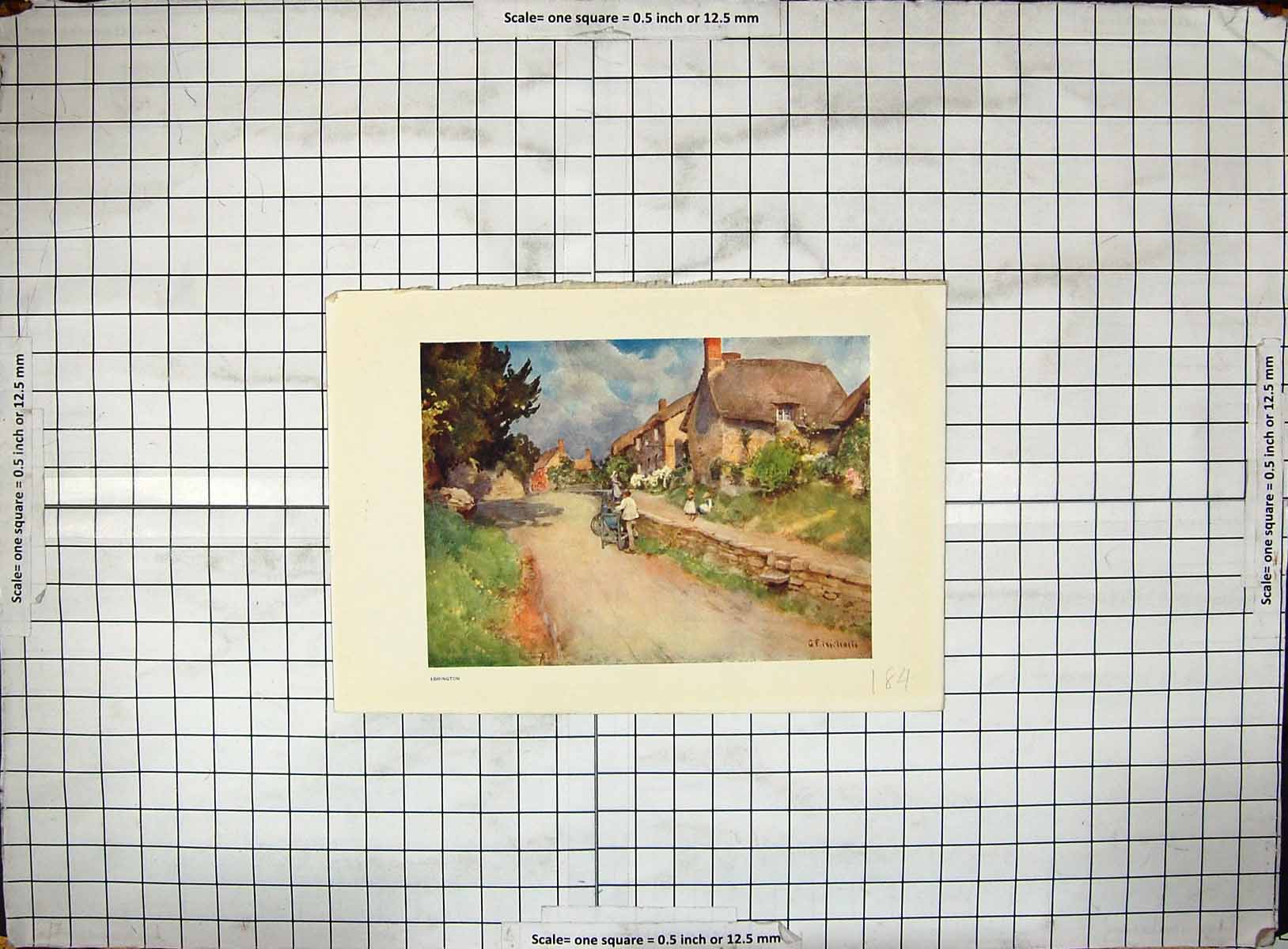 Original Old Antique Print Colour Street Scene Ebrington Houses Children 19th