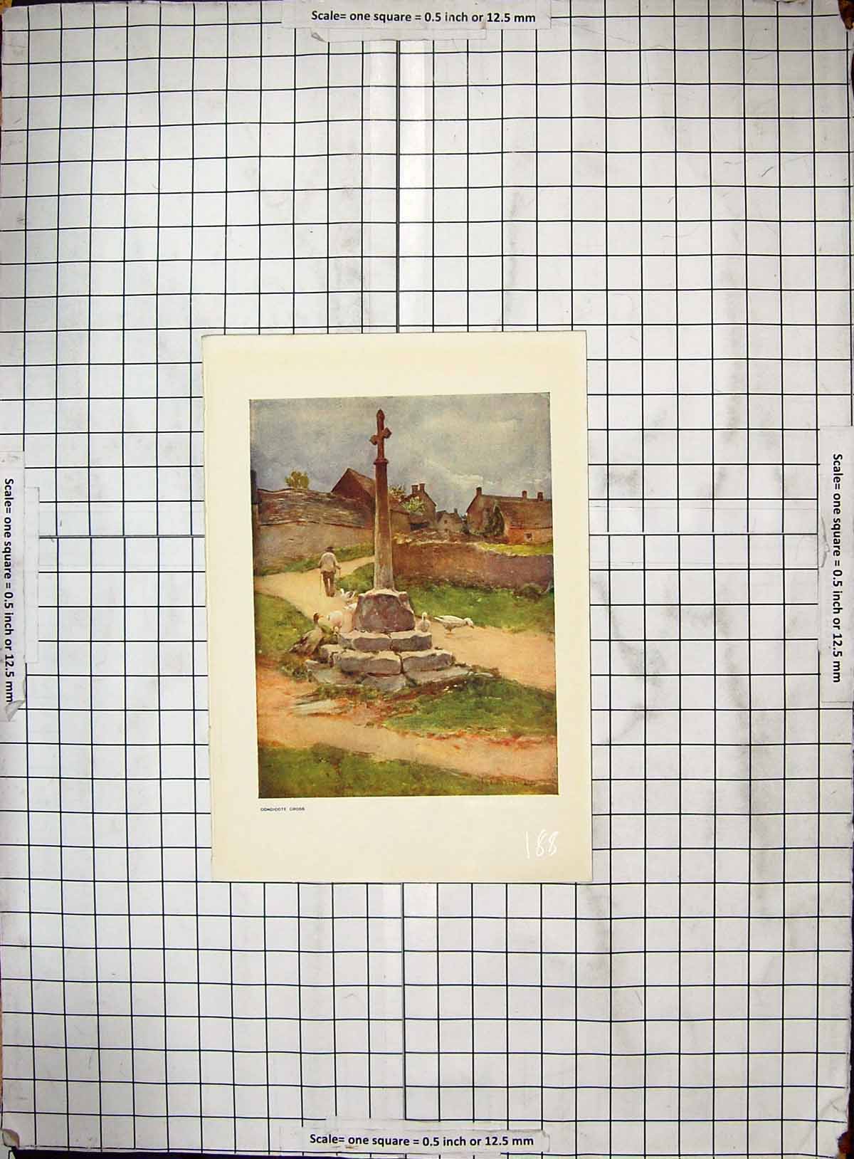 Original Old Antique Print Colour Condicote Cross Houses Birds 19th