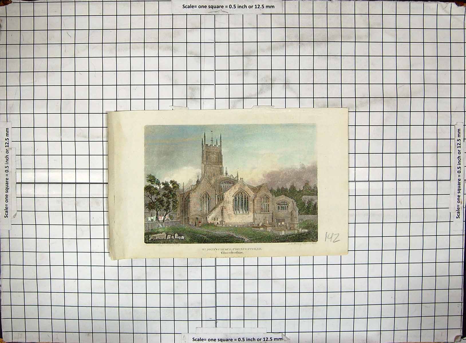 Old Print Colour Engraving St. John'S Church Cirencester Gloucestershire 20th