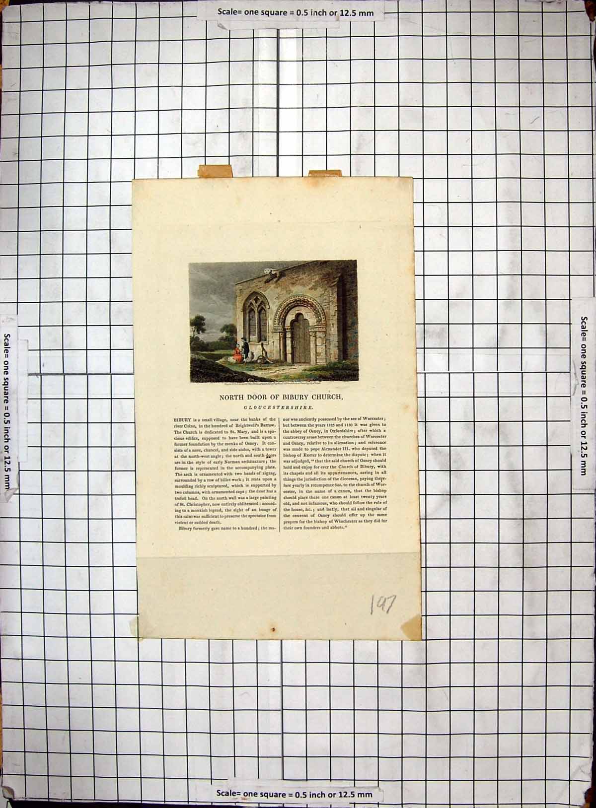 Antique Old Print Colour Engraving North Door Bibury Church Gloucestershire