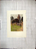 Original Old Antique Print Colour Painswick Church Gravestones