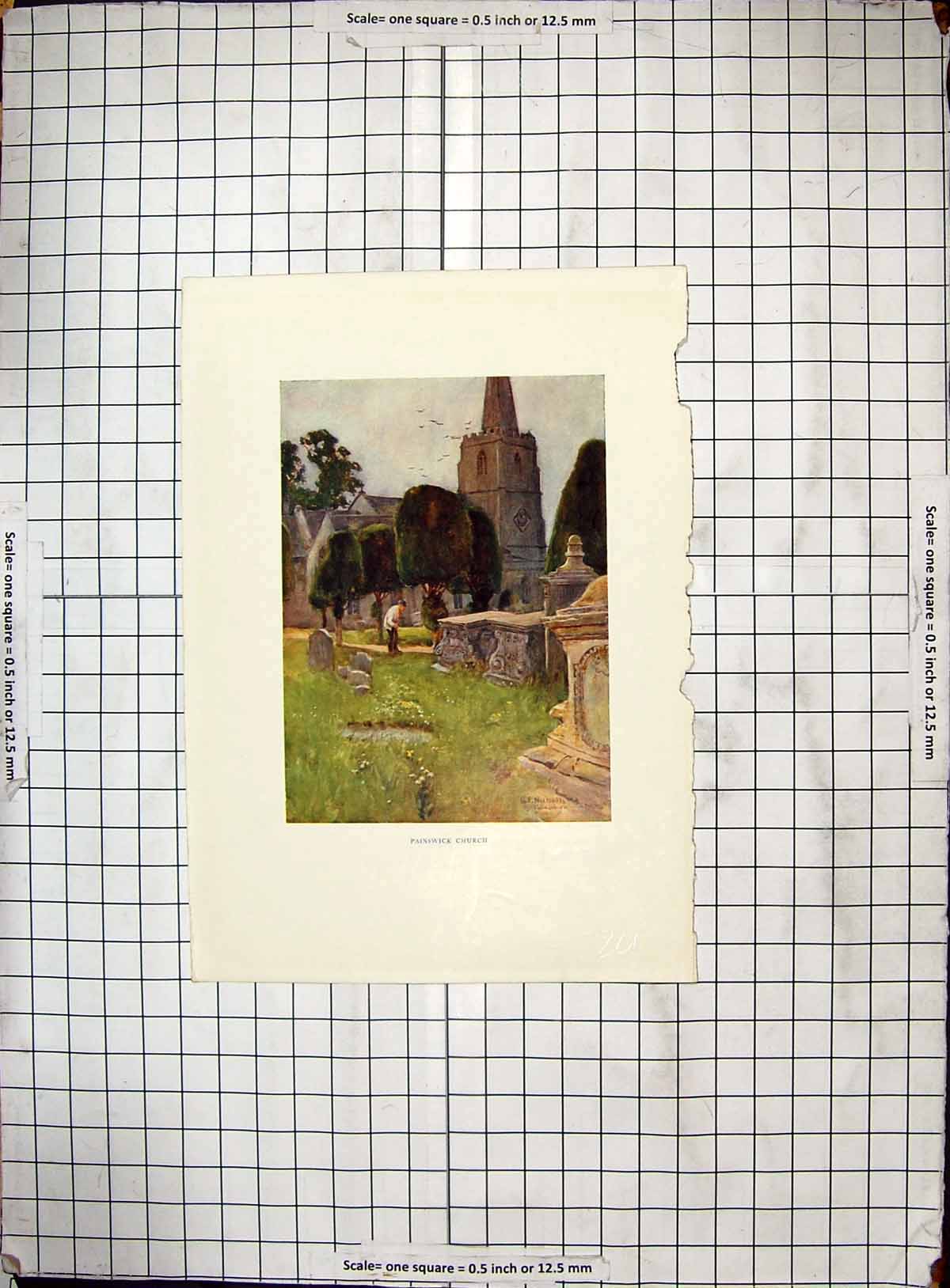 Original Old Antique Print Colour Painswick Church Gravestones