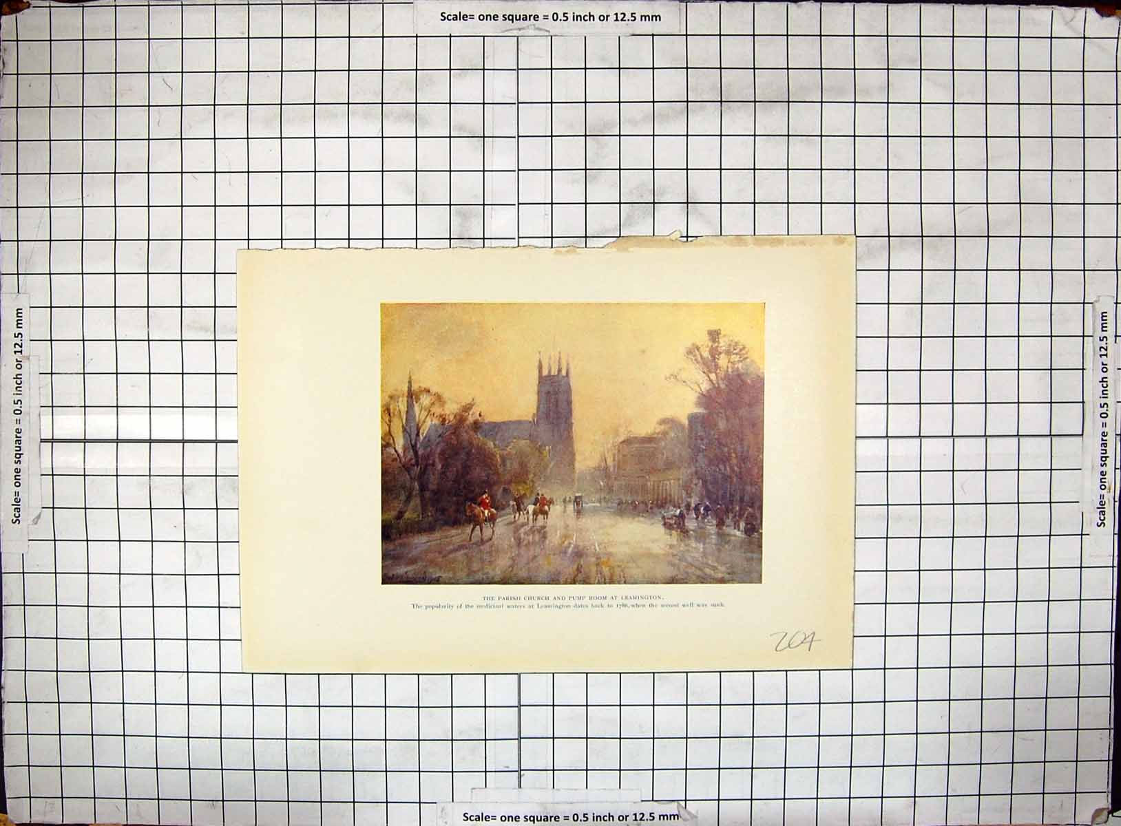 Old Antique Print Colour Parish Church Pump Room Leamington Street Scene