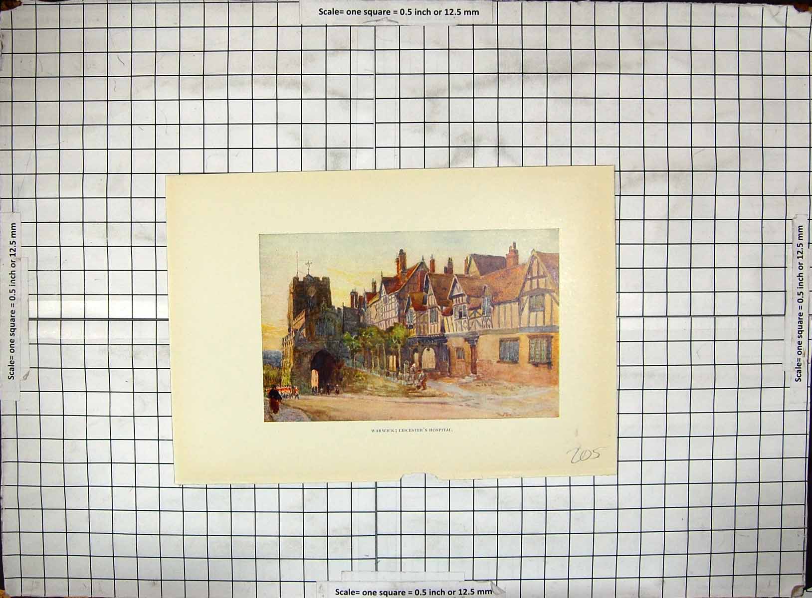 Original Old Antique Print Colour Street Scene Warwick Leicester'S Hospital
