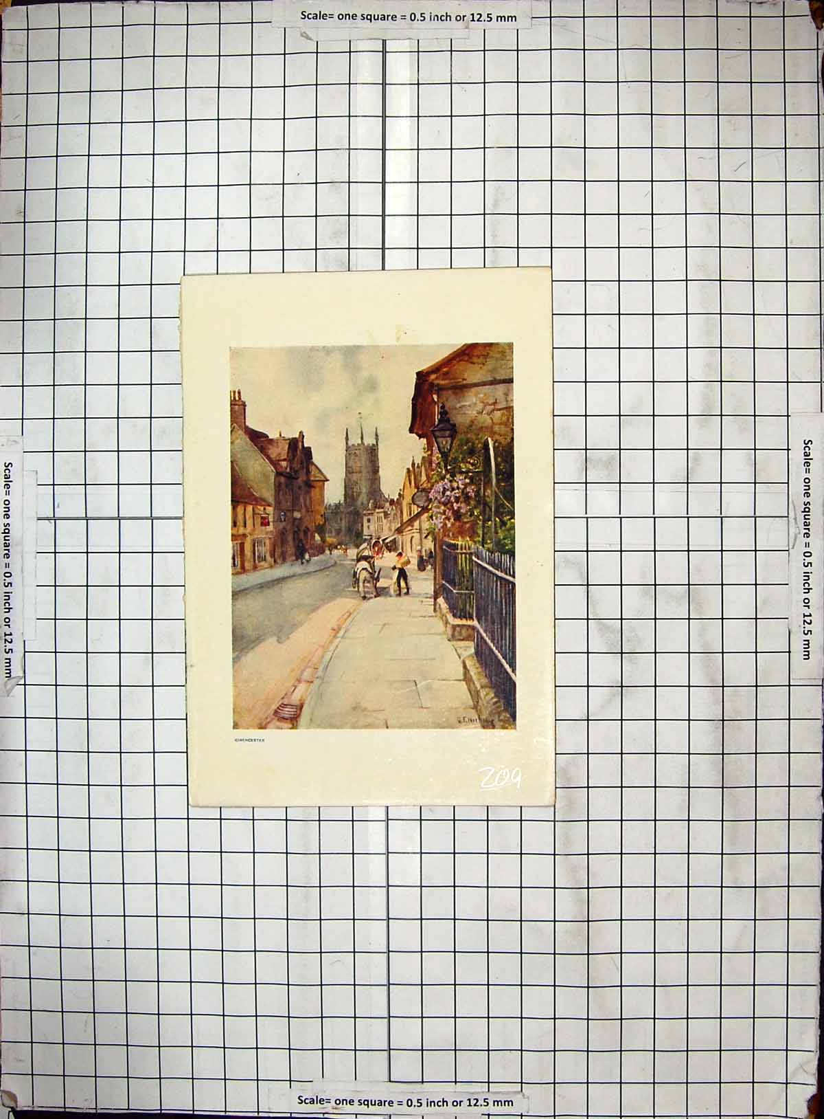 Original Old Antique Print Colour Street Scene Cirencester Church Buildings