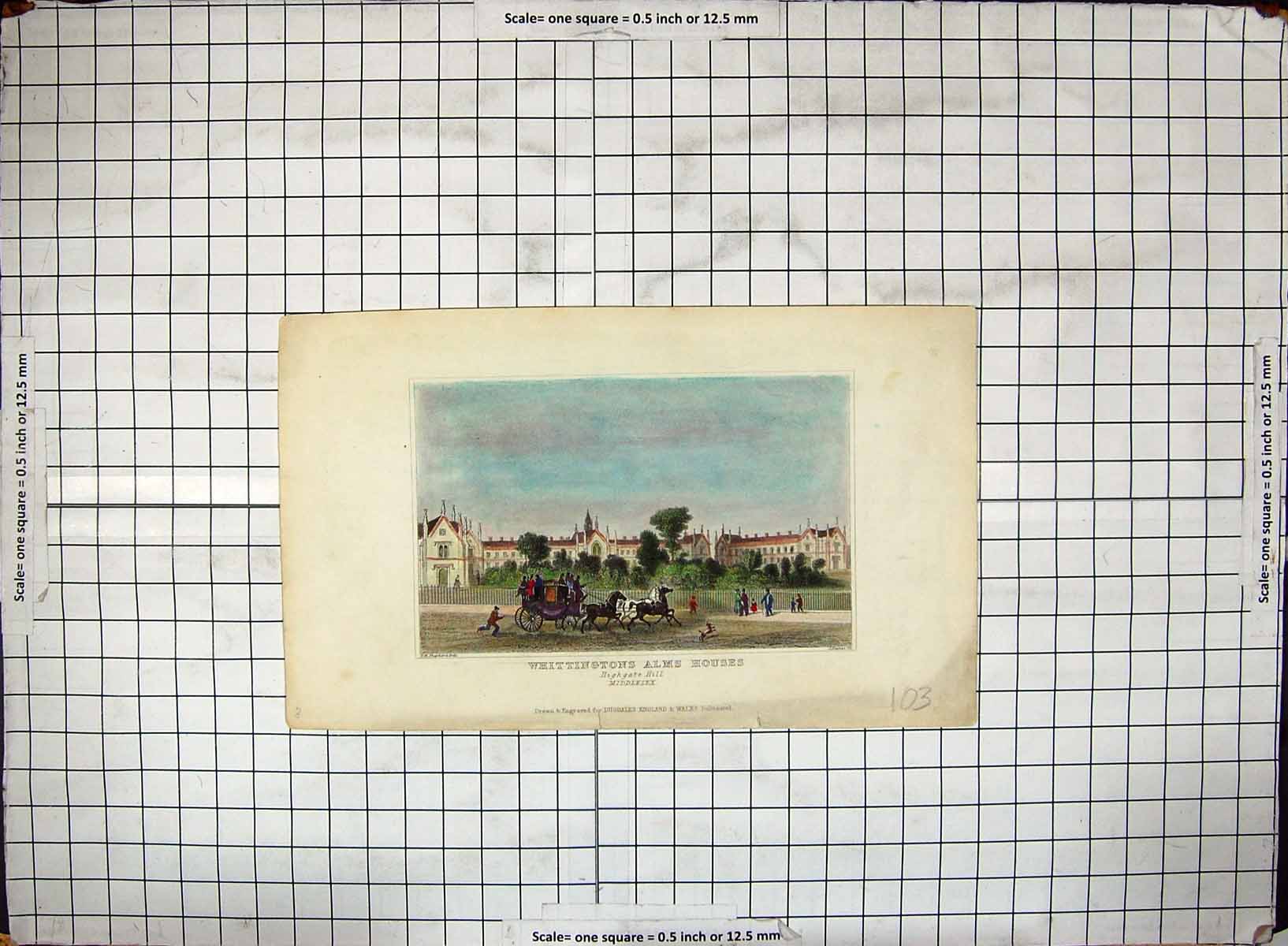 Antique Print Hand Ed Engraving Whittingtons Alms Houses Middlesex Dugdales