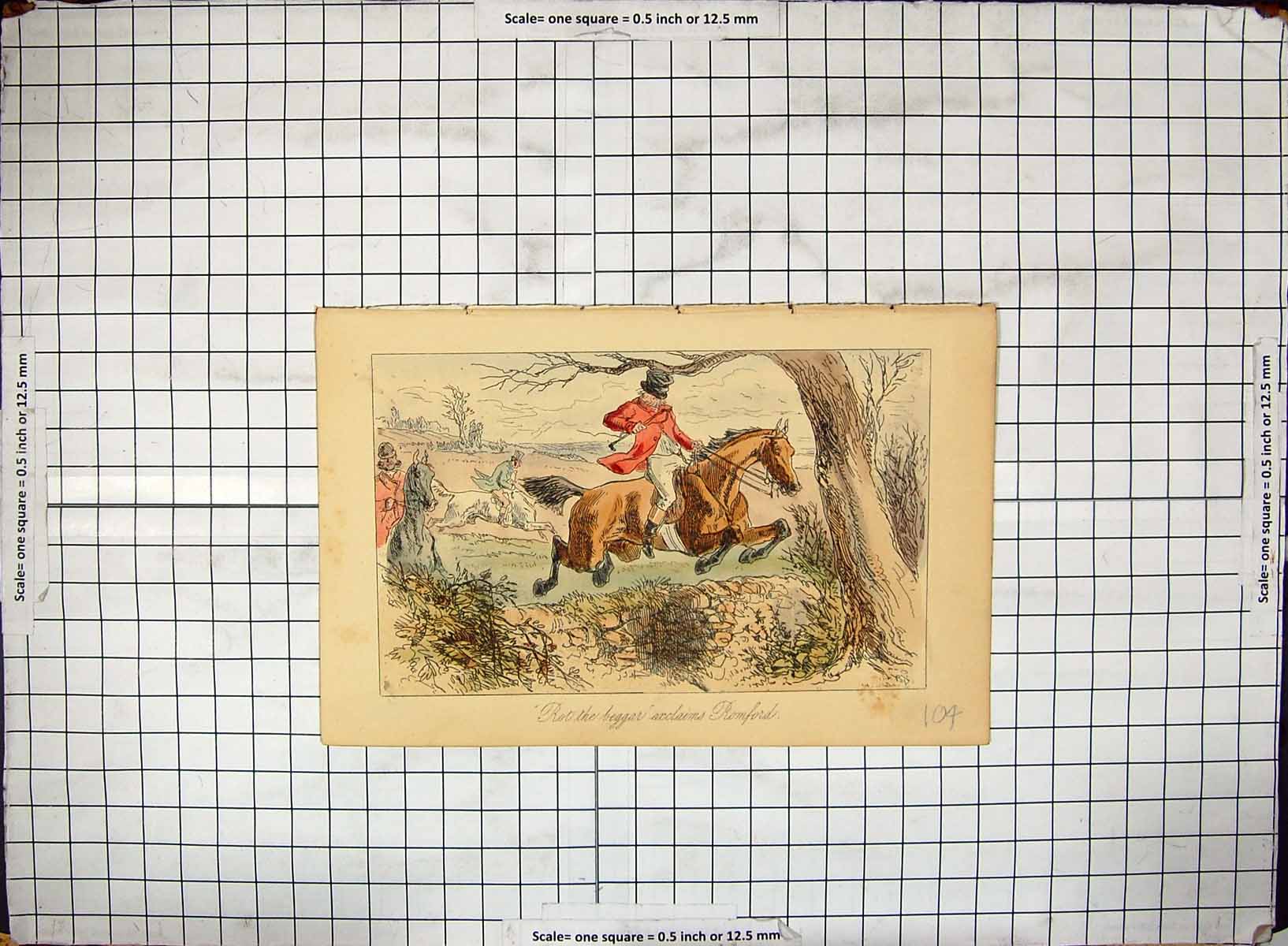 Old Antique Print Engraving Hand Coloured Hunting Horses Romford Huntsmen