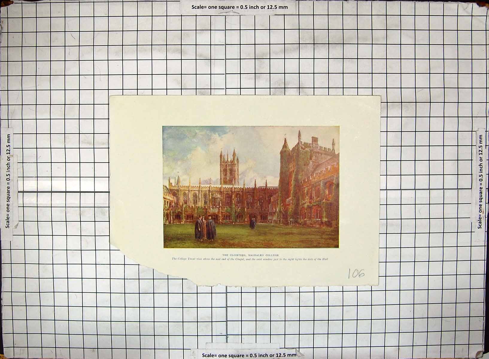 Old Antique Print Hand Coloured Cloisters Magdalen College Architecture