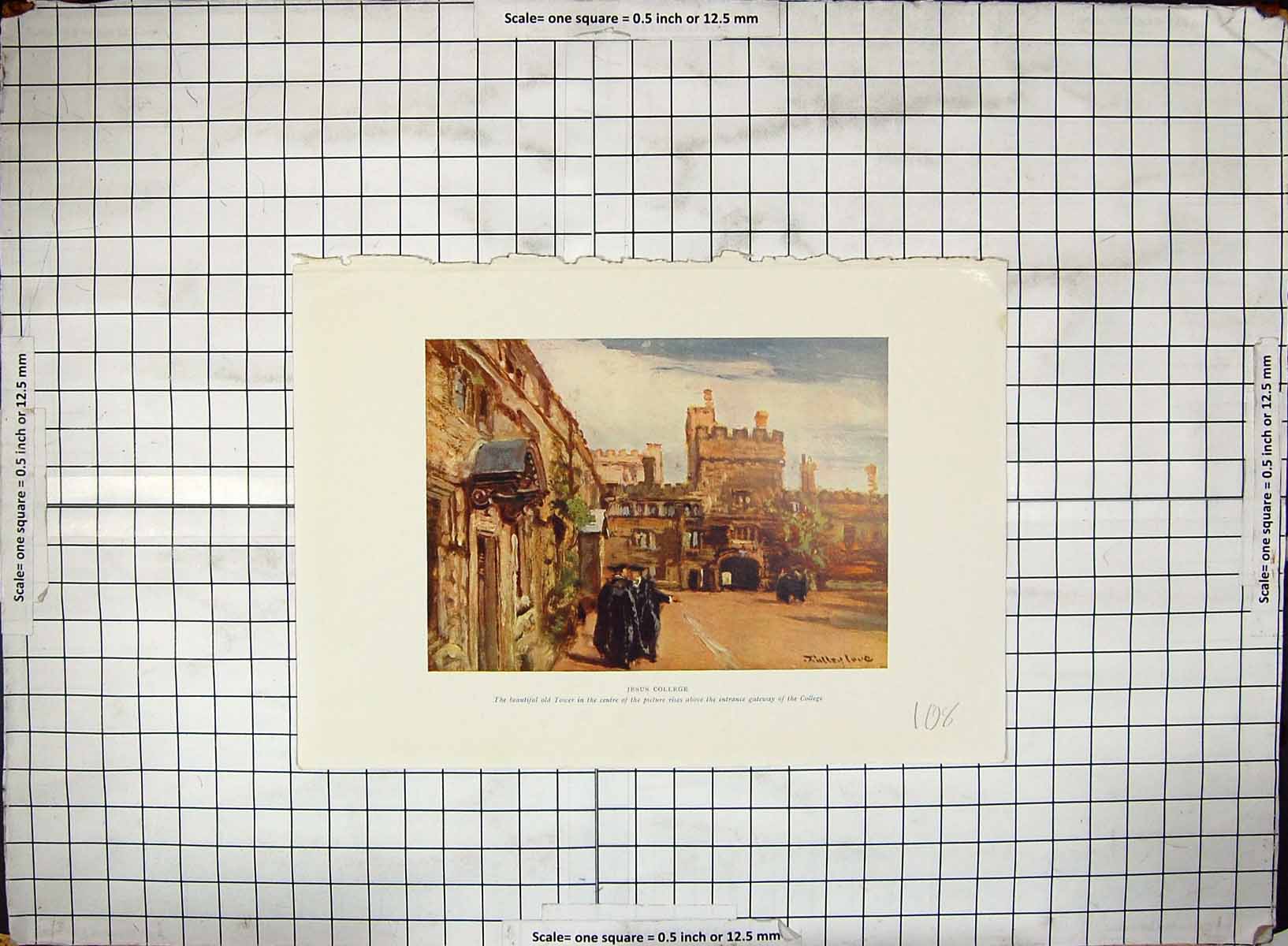 Original Old Antique Print Hand Coloured Jesus College Tower Architecture