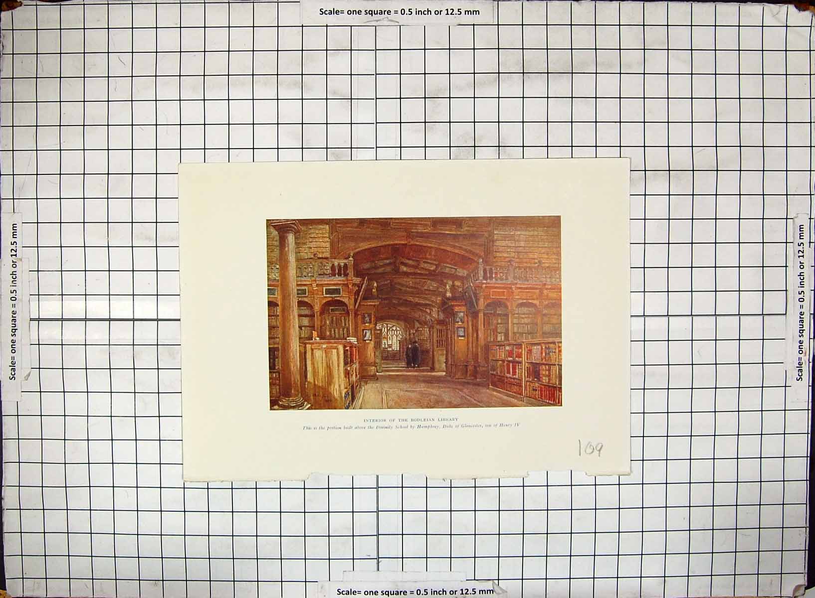 Original Old Antique Print Hand Coloured Interior Bodleian Library Architecture