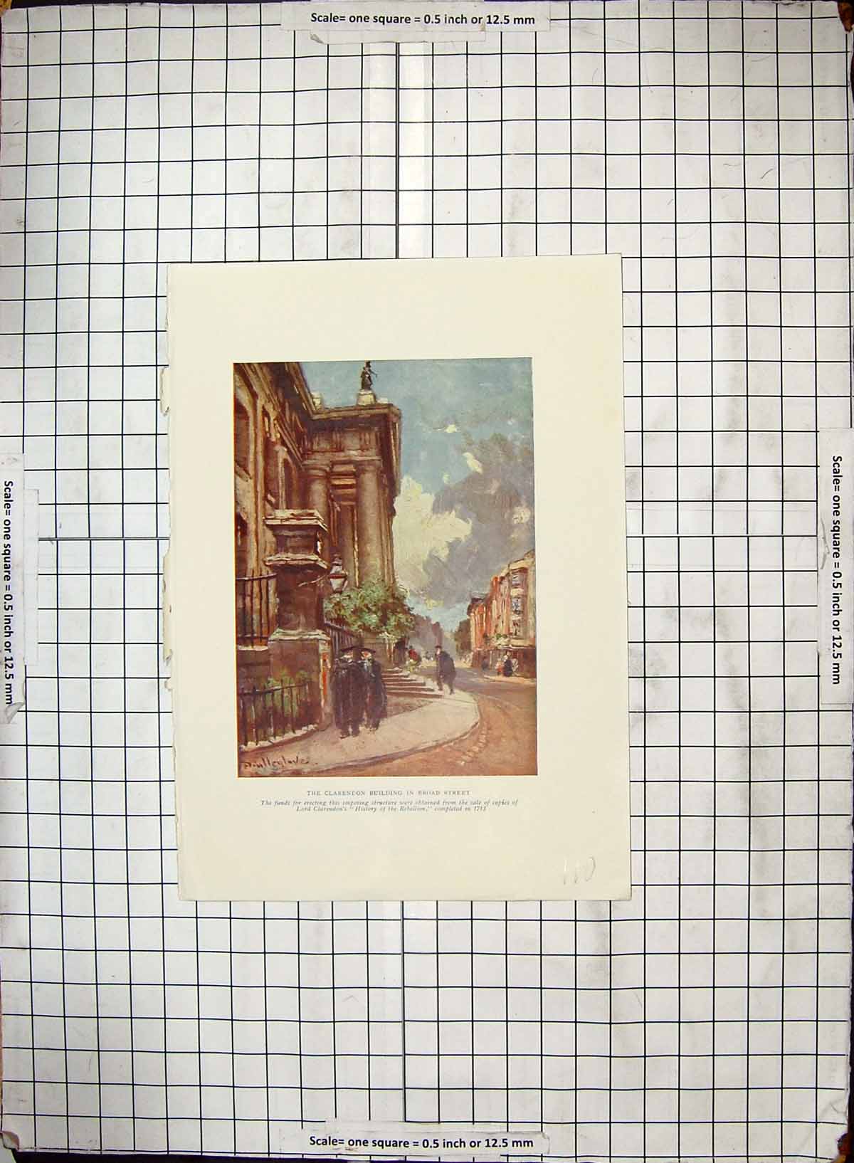 Original Old Antique Print Hand Coloured Clrendon Buildings Broad Street