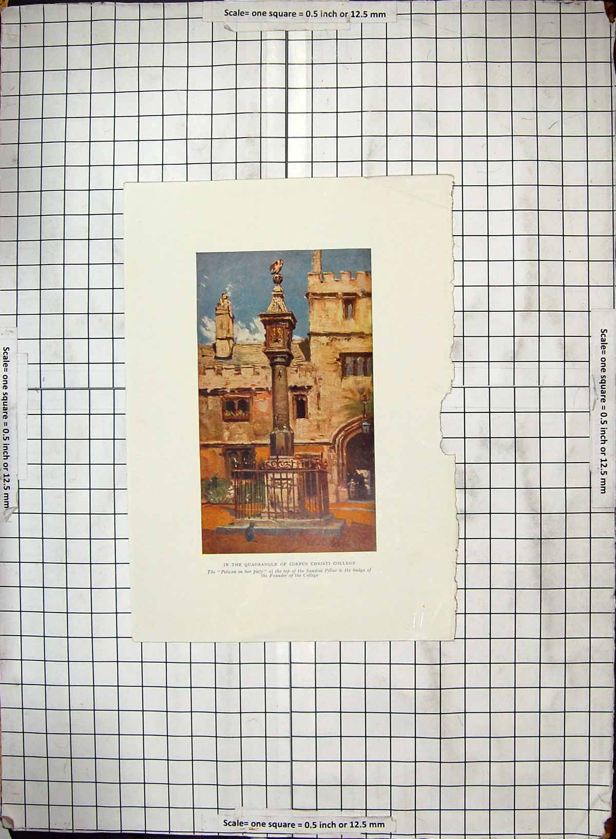 Antique Old Print Hand Ed Quadrangle Corpus Christi College Sundial Pillar