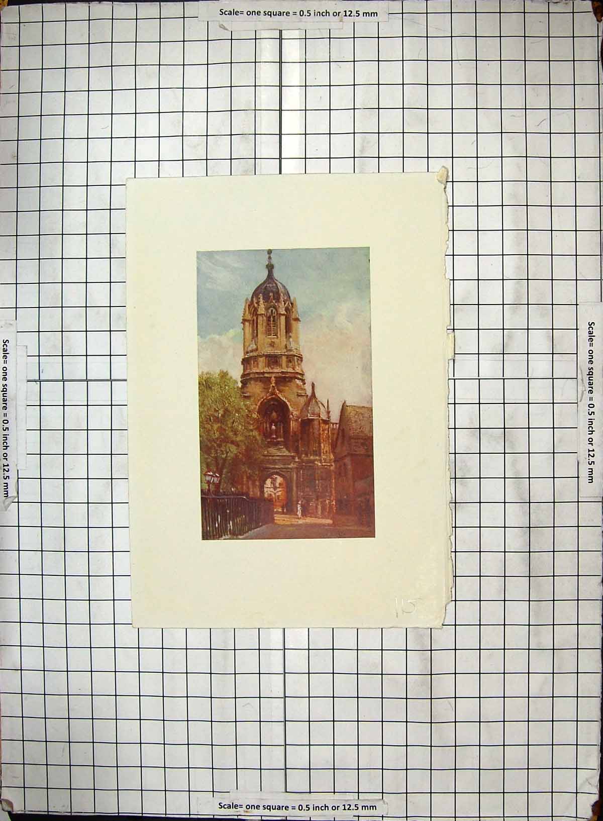 Original Old Antique Print Hand Coloured Tower Architecture