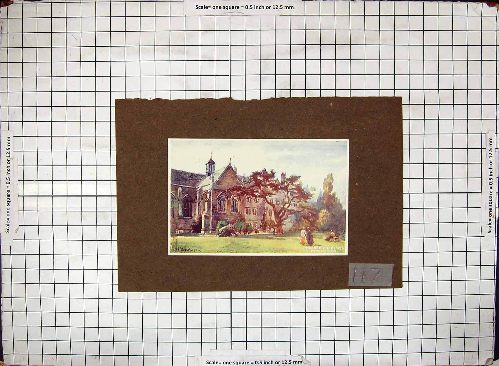 Original Old Antique Print Hand Coloured Wadham College Oxford Garden Scene