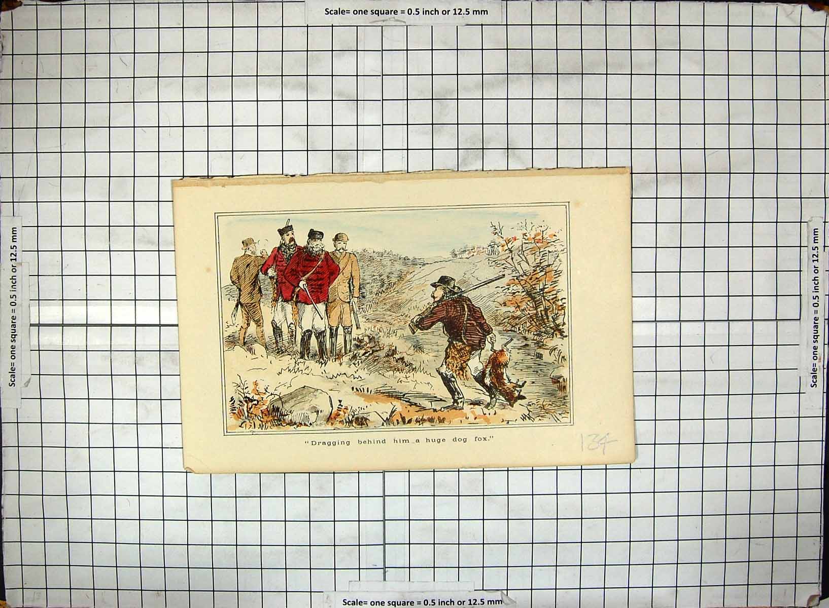 Original Old Antique Print Hand Coloured Fox Hunting Man Gun Huntsmen