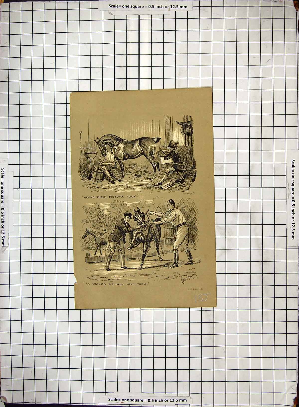 Original Old Antique Print Hunting Horse Stable Artist Man