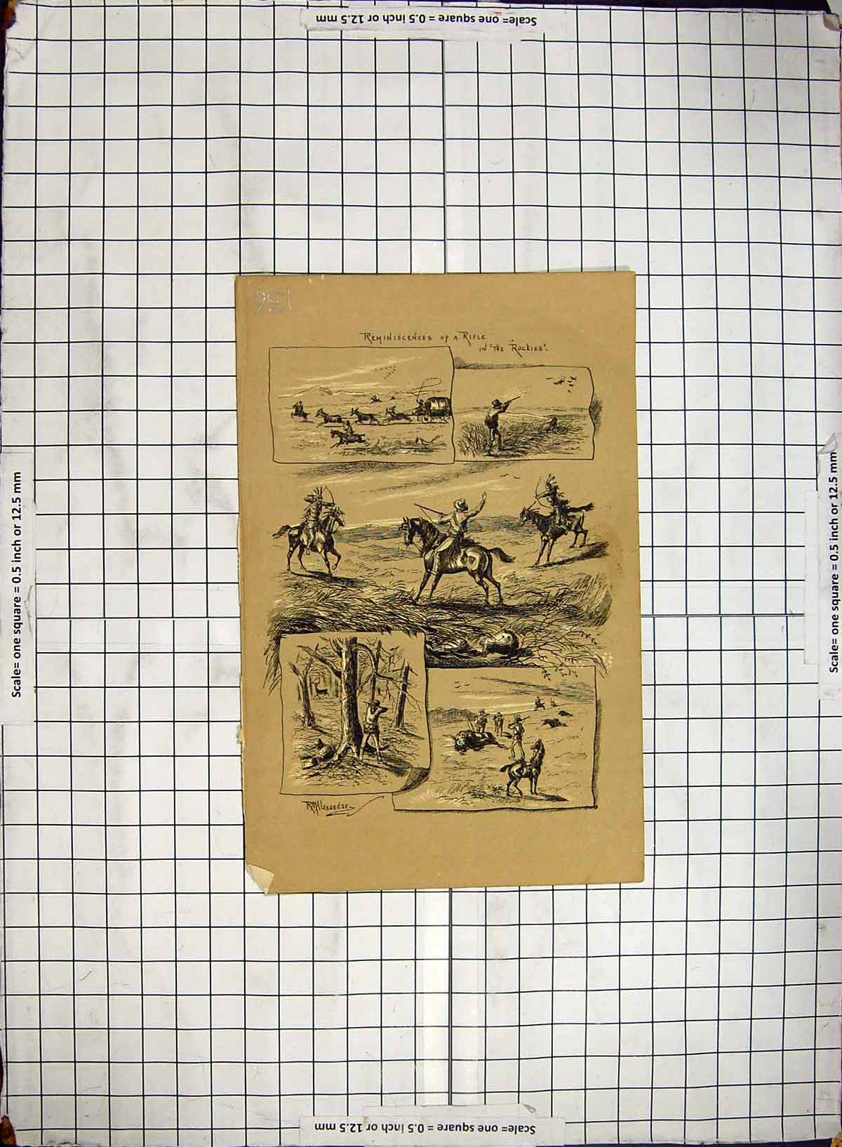 Original Old Antique Print Indians Rocky Mountains Cowboys Horses