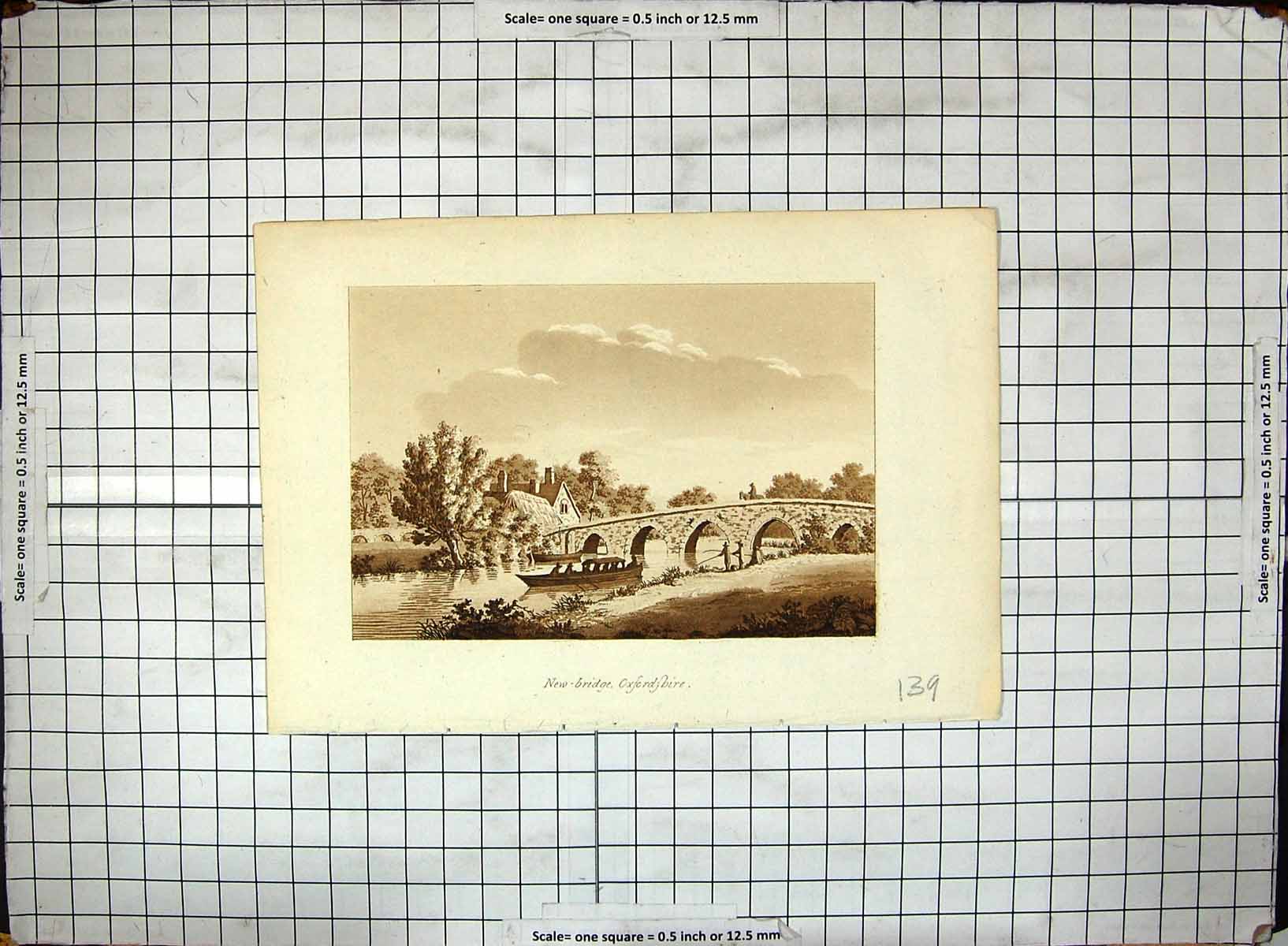 Original Old Antique Print View New Bridge Oxford England River Boat