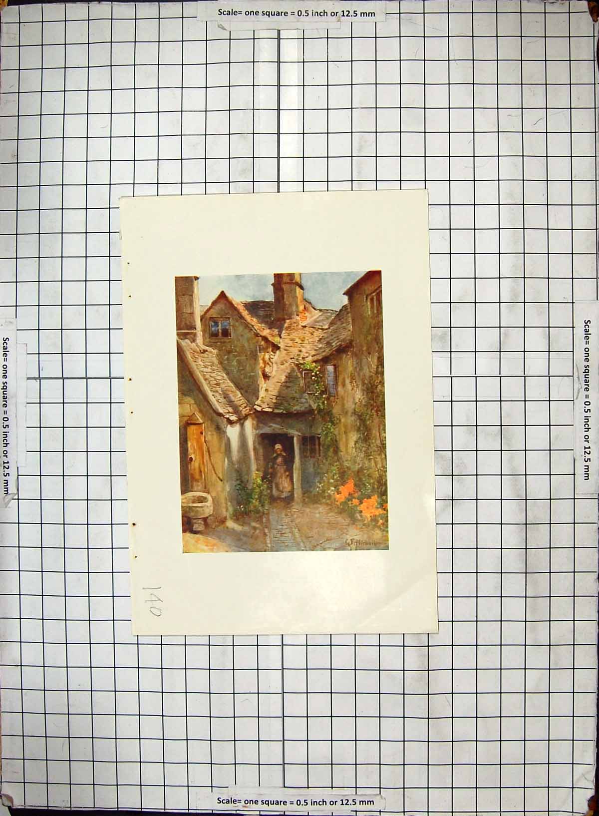 Original Old Antique Print Hand Coloured Family House Lady Flowers Garden