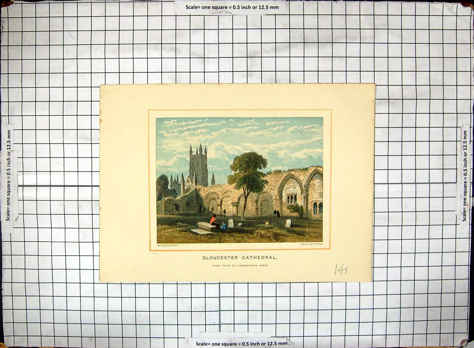 Old Antique Print Hand Ed Exterior Gloucester Cathedral Catherine'S Abbey