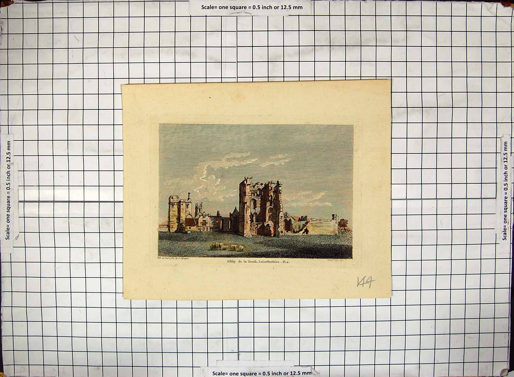 Original Old Antique Print Hand Coloured 1784 Hooper Ruins Ashby Leicestershire