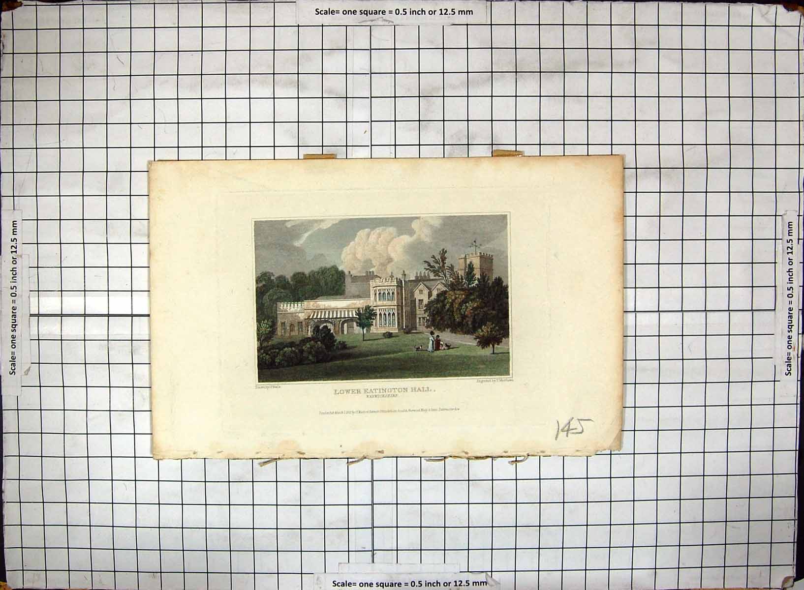 Original Old Antique Print Hand Ed 1811 Lower Eatington Hall Warwickshire Neale