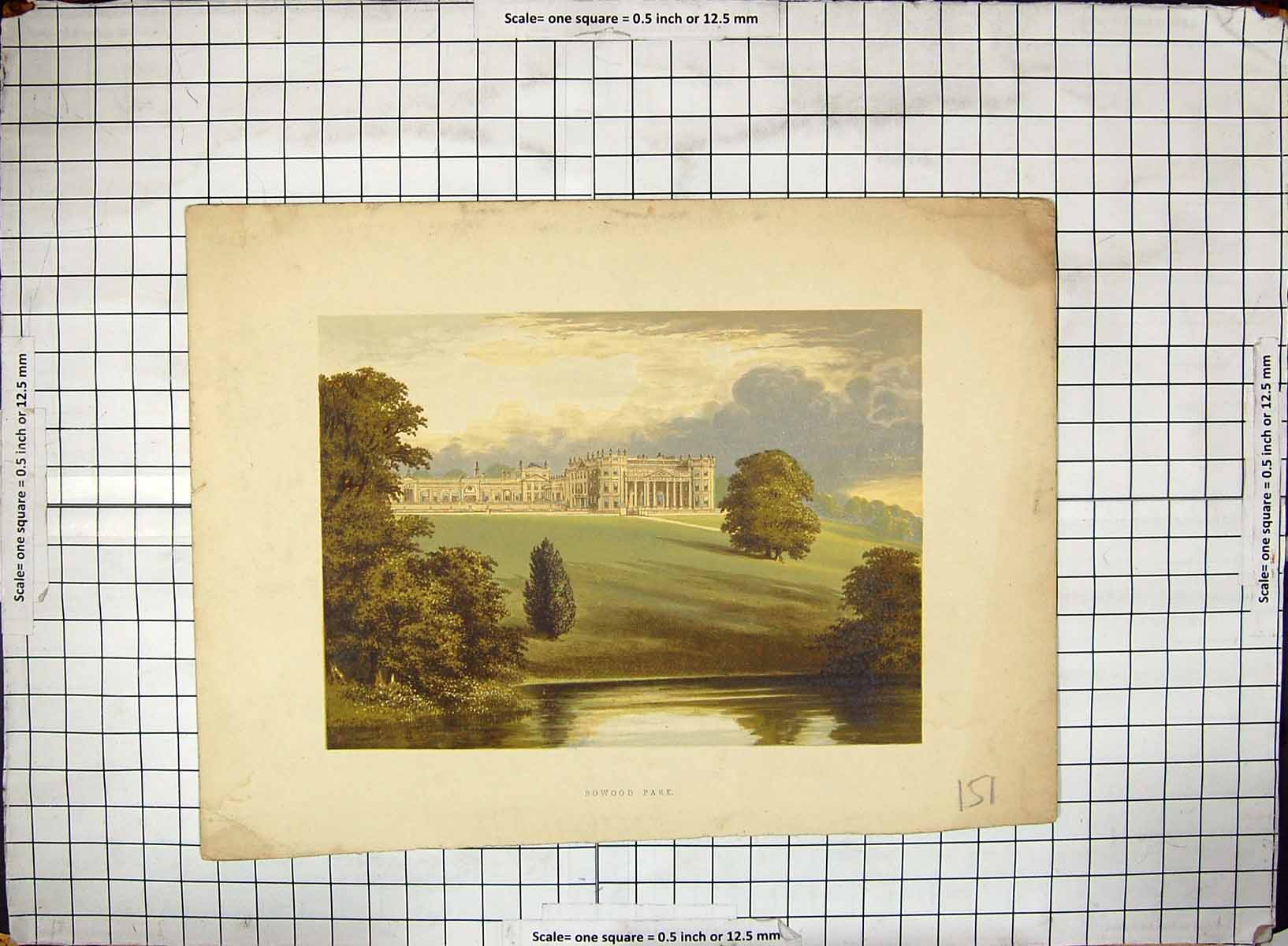 Original Old Antique Print Hand Coloured Exterior Bowood Park Architecture