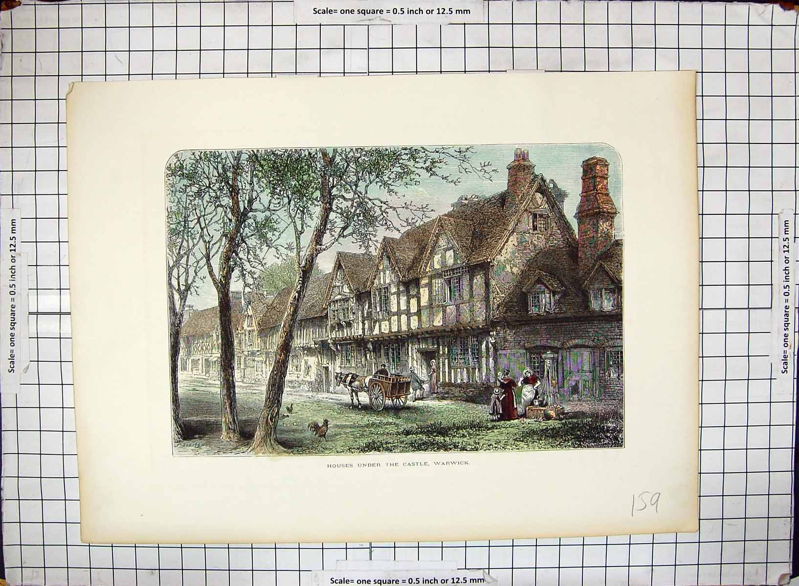 Original Old Antique Print Hand Coloured Houses Under Castle Warwick England