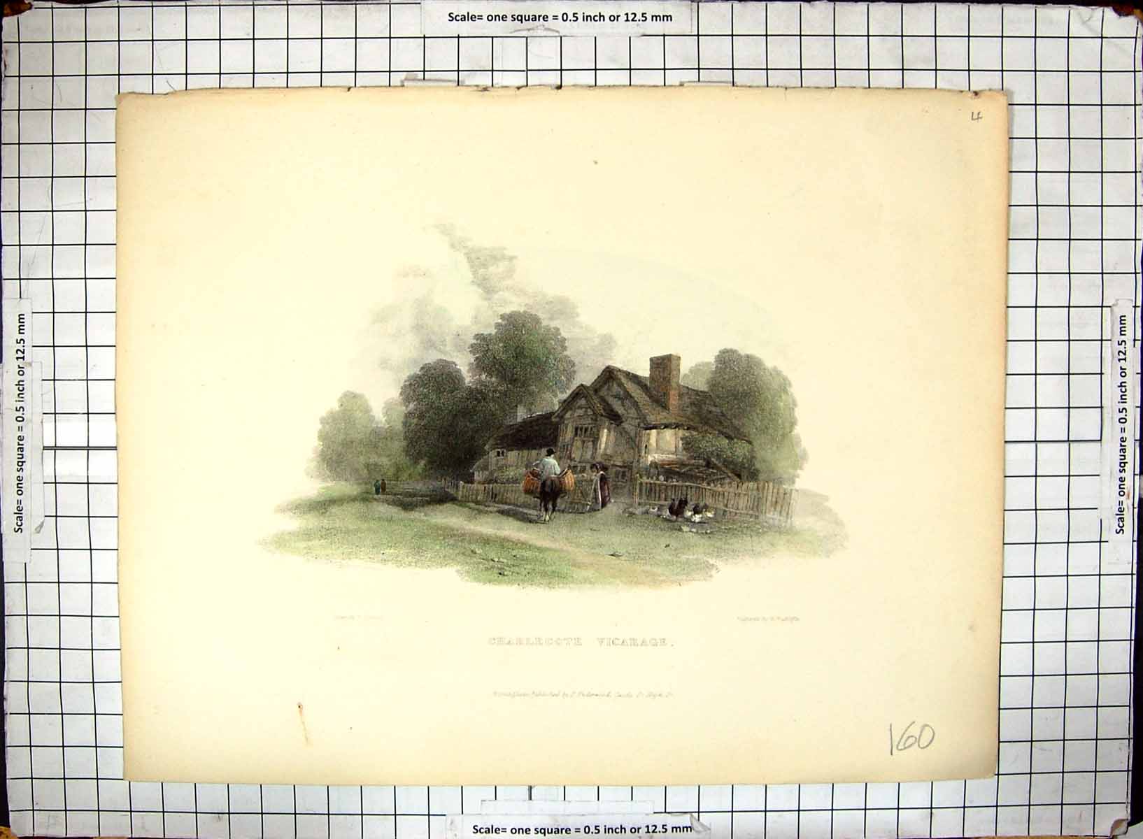 Original Old Antique Print Hand Coloured Charlecote Vicarage Radclyffe