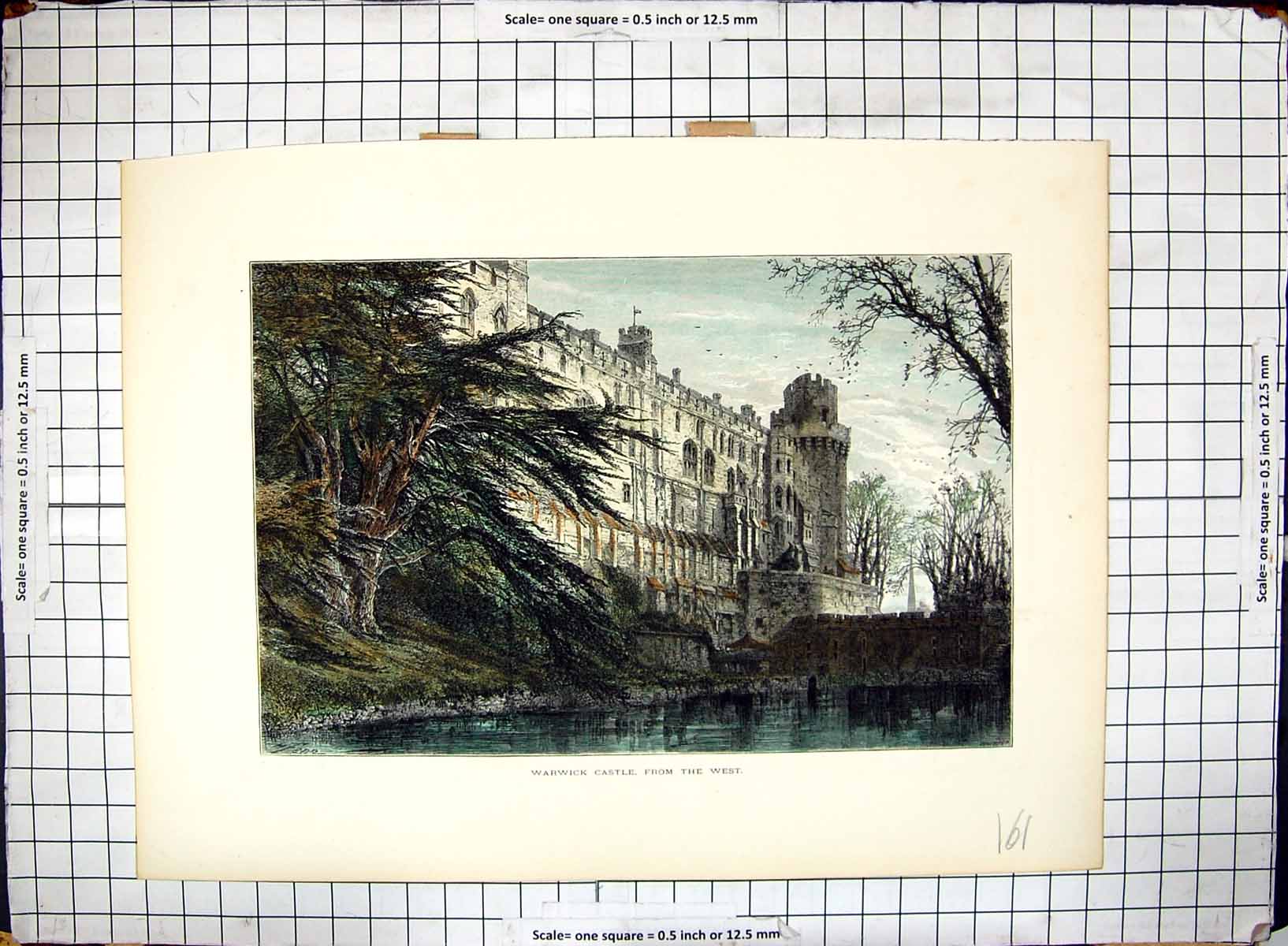 Original Old Antique Print Hand Ed Exterior Warwick Castle England Architecture