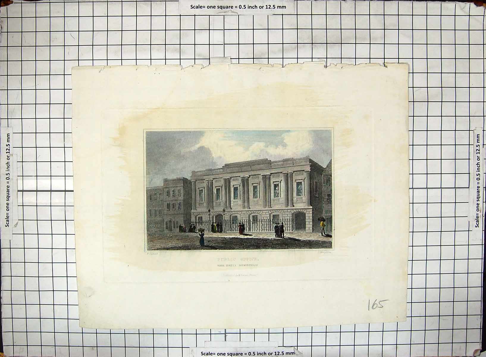 Antique Old Print Public Fice Moor Street Birmingham Wrighton Hand Coloured
