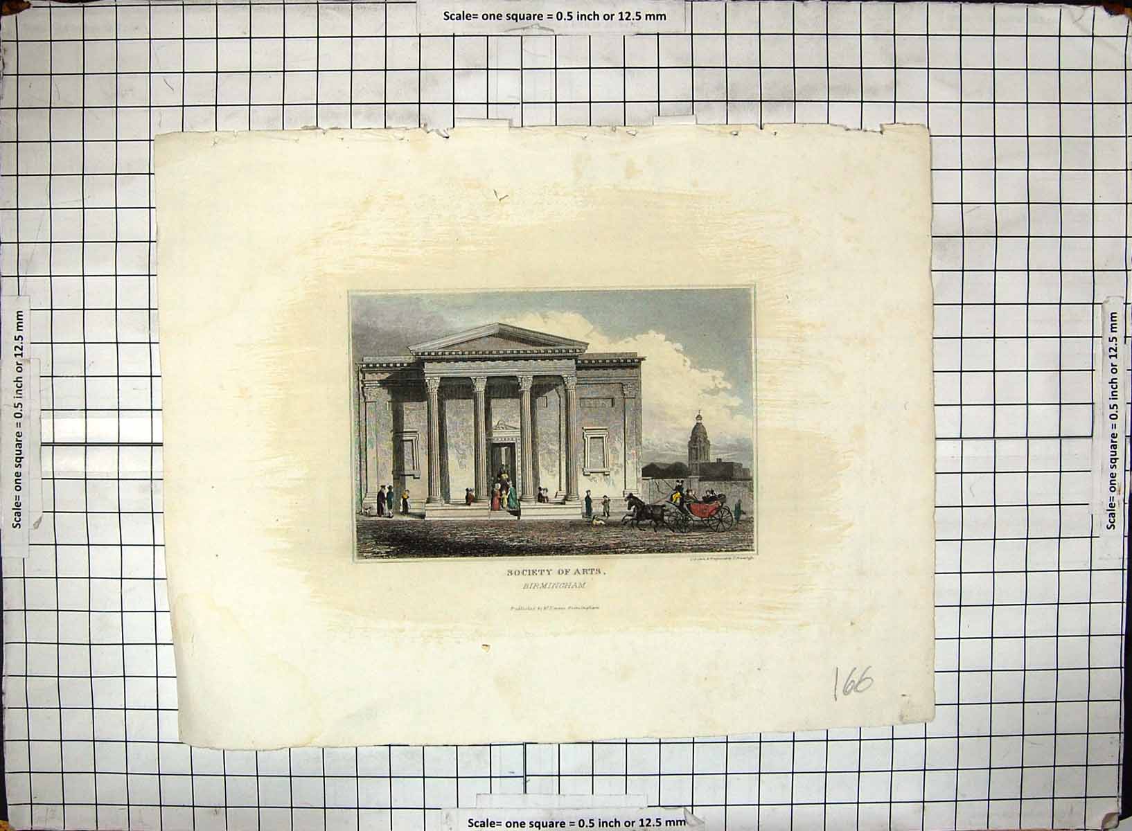 Antique Old Print Society Arts Building Birmingham Hand Coloured Radclyffe