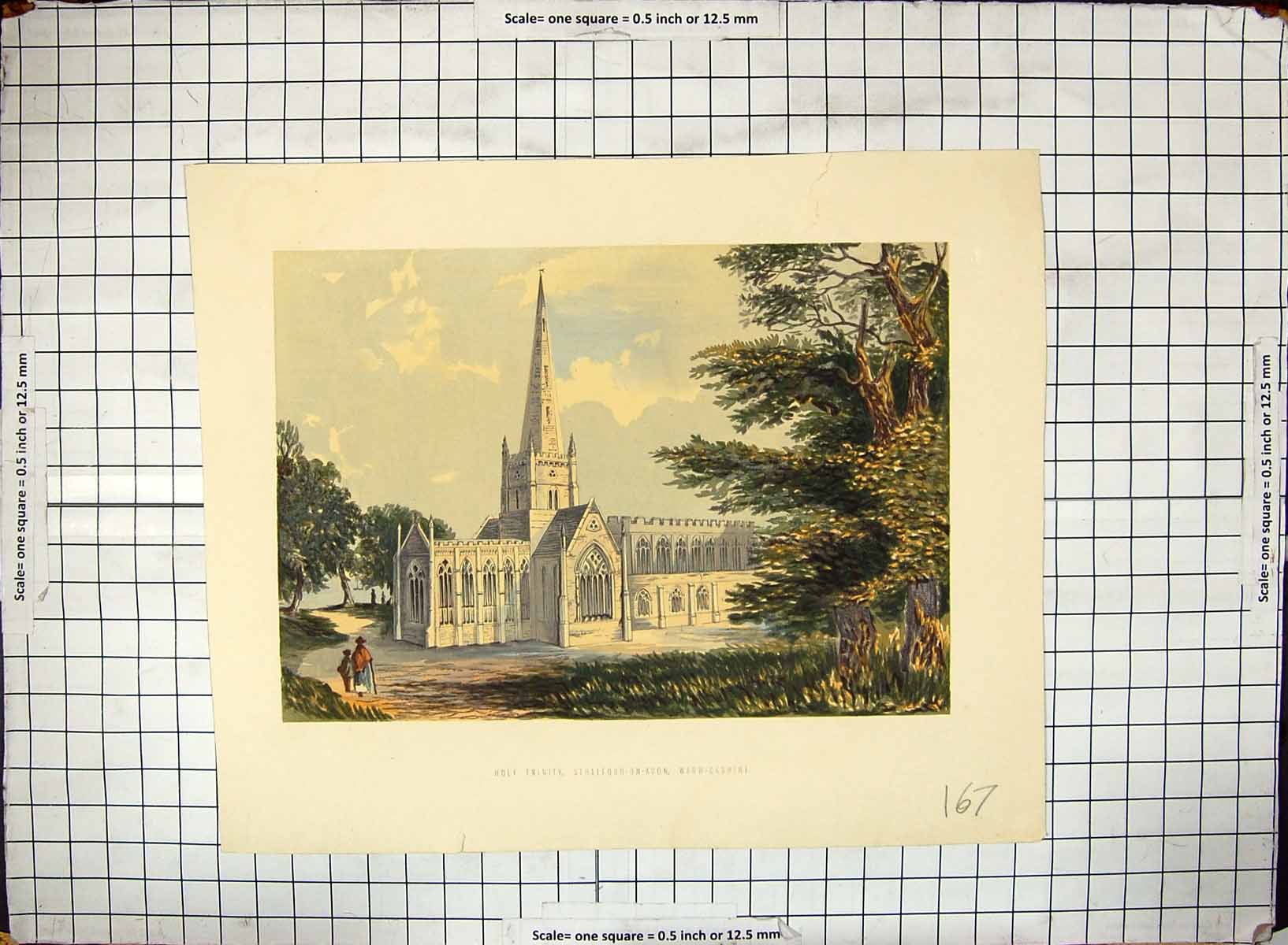 Antique Old Print Holy Trinity Church Stratford-On-Avon Warwickshire Hand Ed