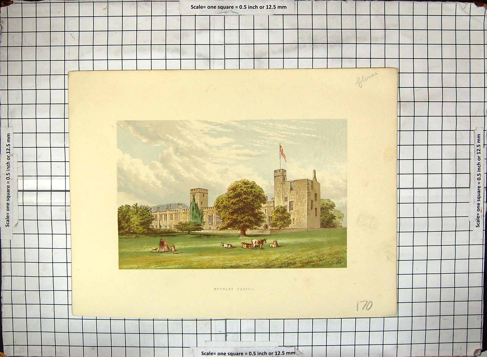 Old Antique Print Exterior View Sudeley Castle Architecture Hand Coloured