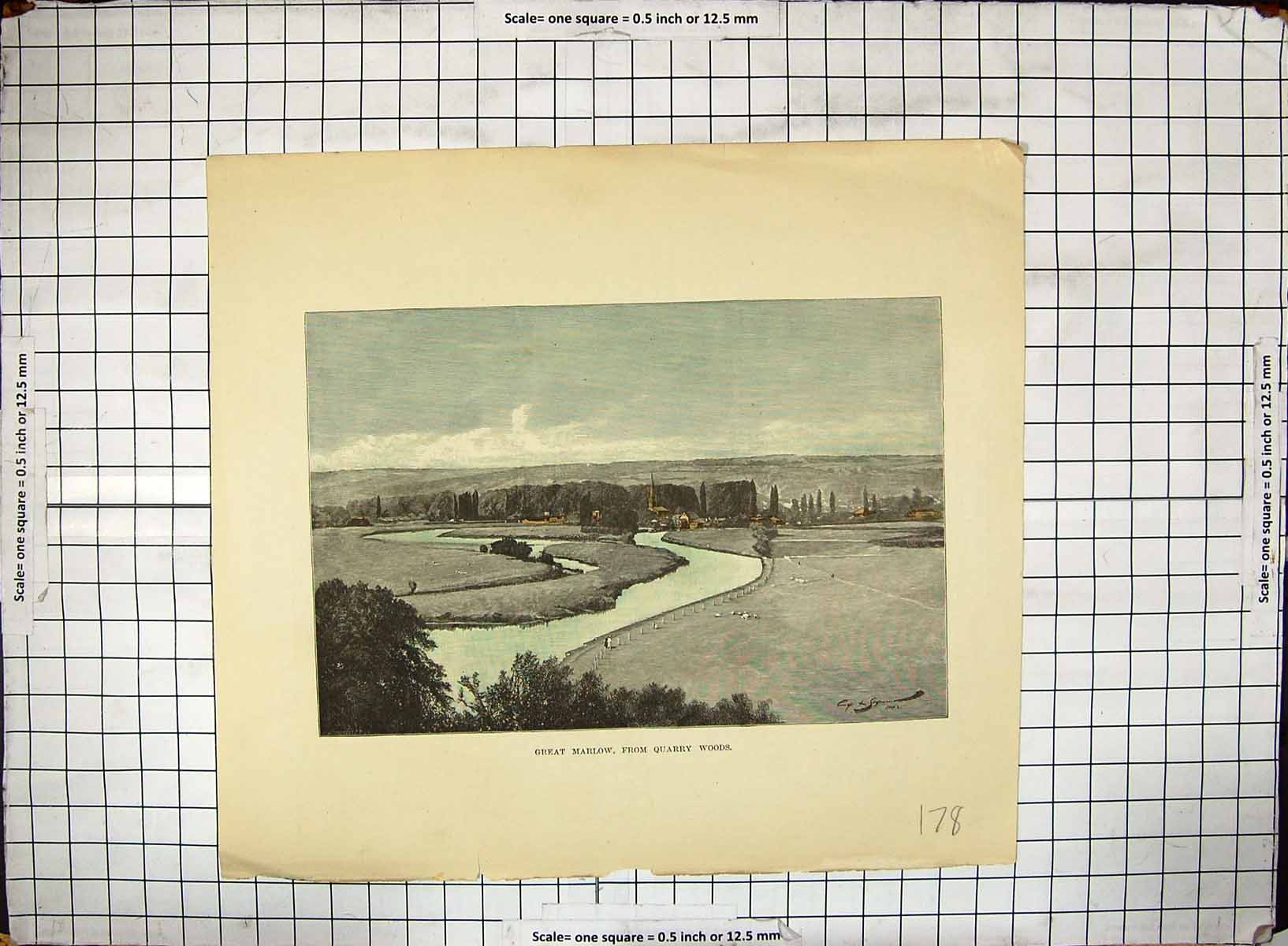Original Old Antique Print Hand Coloured Great Marlow Quarry Woods River Scene