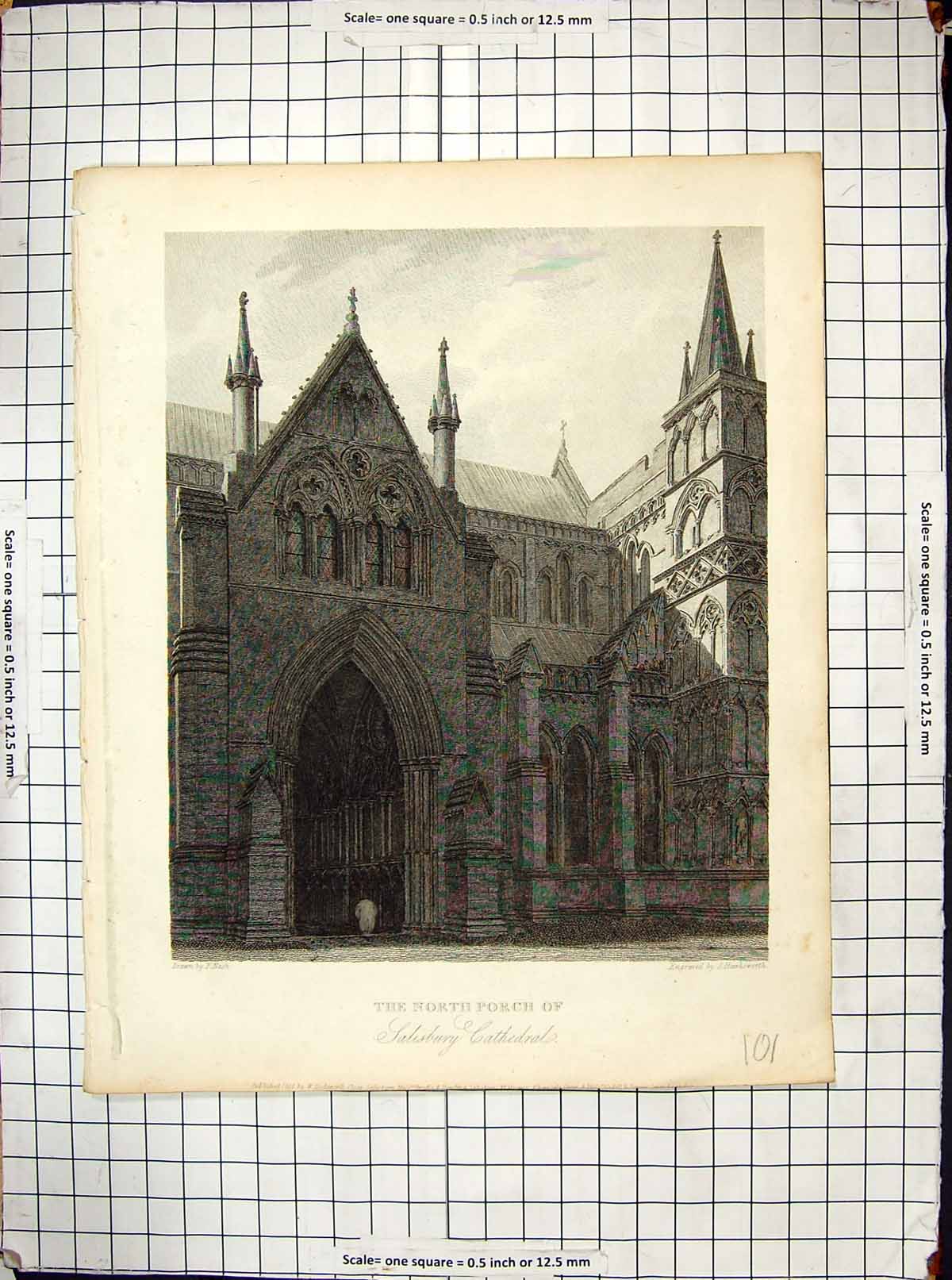 Old Print 1814 North Porch Salisbury Cathedral Engraving Nash Hawksworth 19th