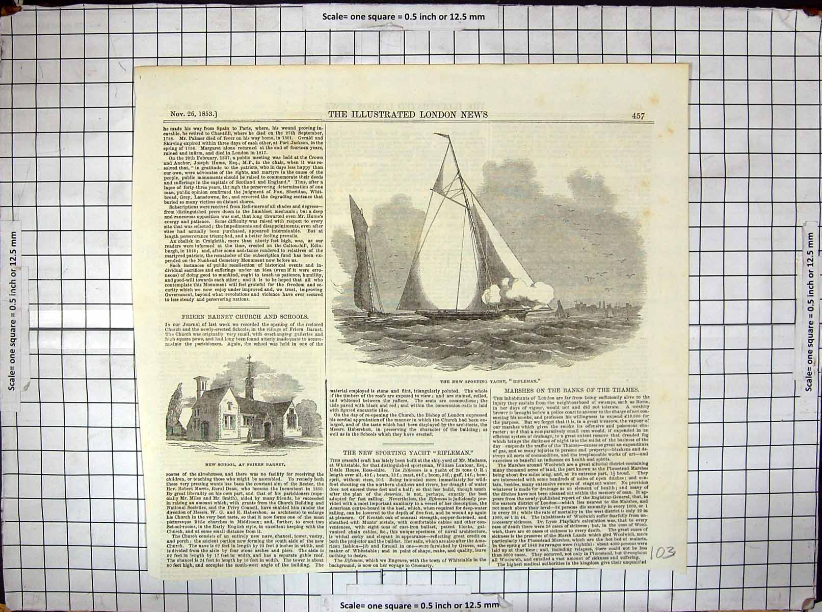 Antique Old Print 1853 Sporting Yacht Rifleman School Friern Barnet Church 19th