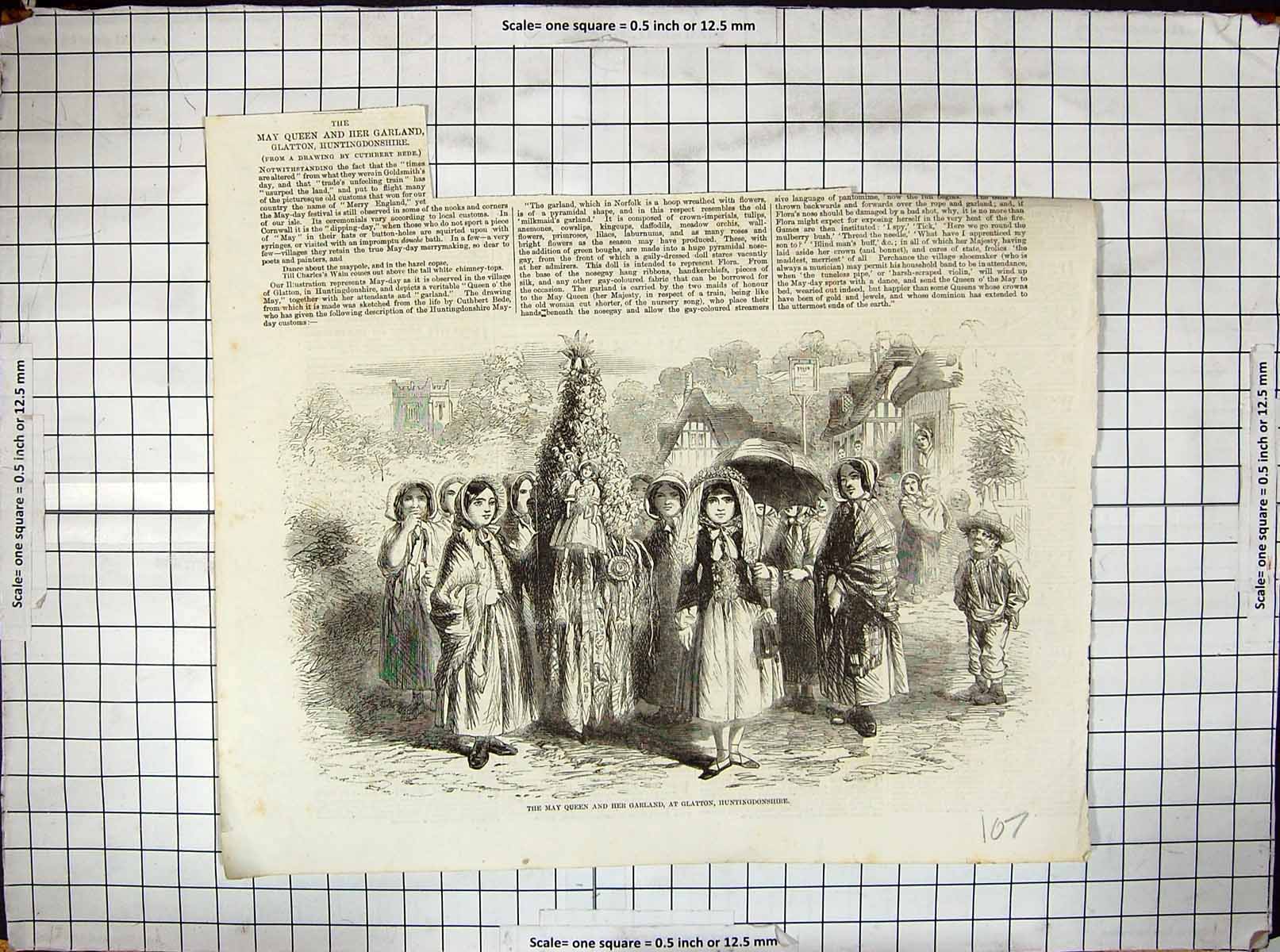 Original Old Antique Print 1857 May Queen Garland Glatton Huntingdonshire 19th