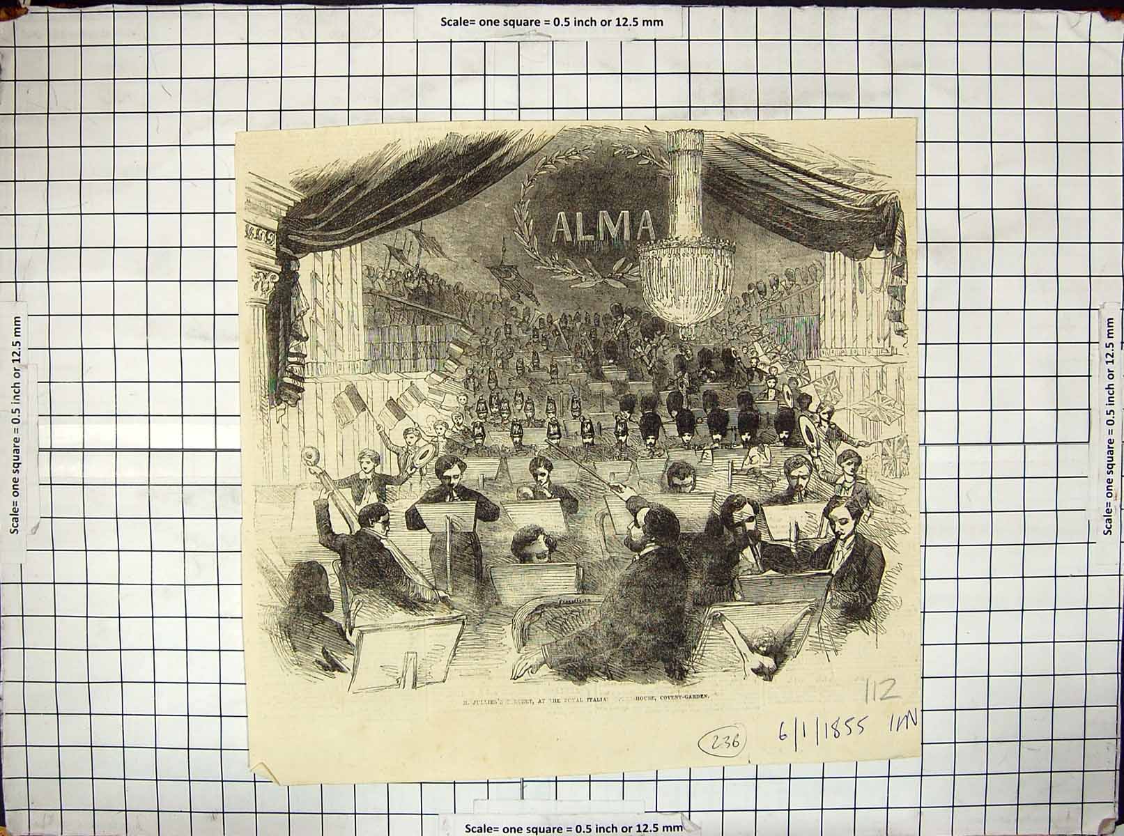 Old Print 1855 Jullien Music Concert Italian Opera Covent Garden Theatre 19th