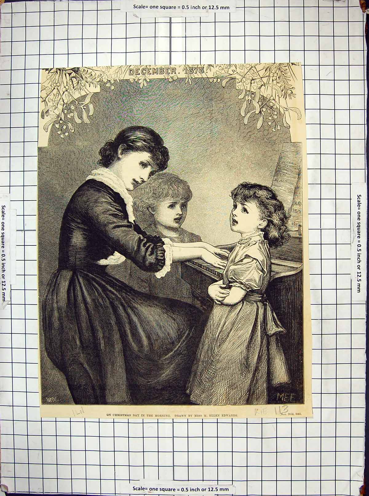Antique Old Print 1878 Christmas Scene Morning Music Piano Children Mother 19th