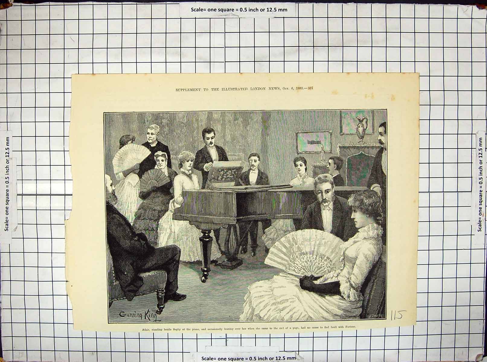 Original Old Antique Print 1883 Music Entertainment Adair Sophy Piano King 19th