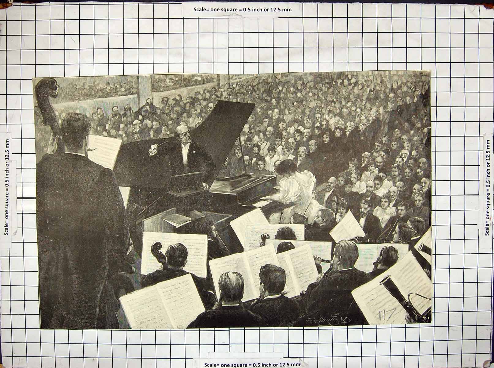 Antique Old Print Bulow Music Concert Berlin Germany 1893 Piano Instrument 19th
