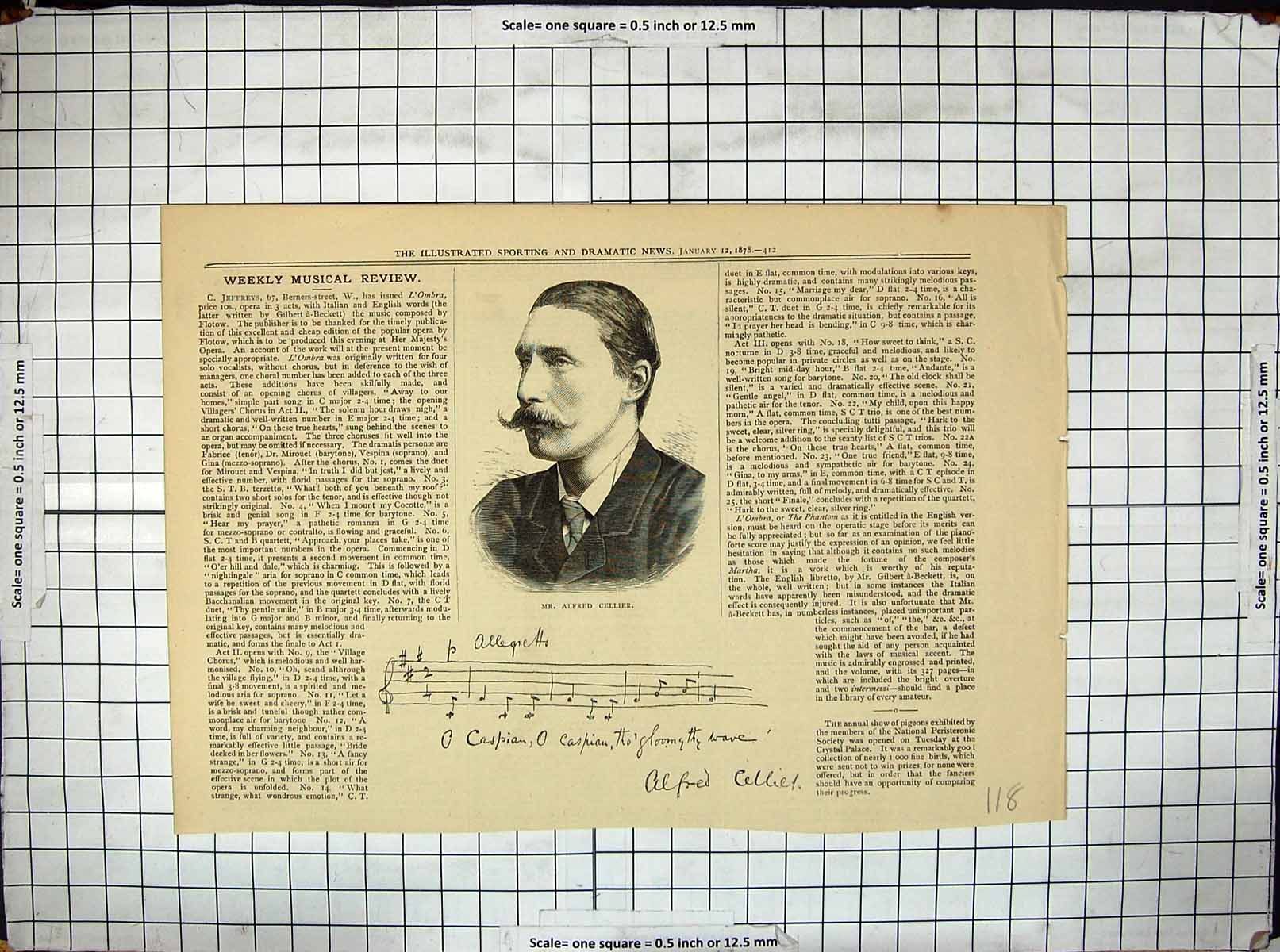Old Antique Print 1878 Portrait Musician Mr Alfred Cellier Music Caspian 19th