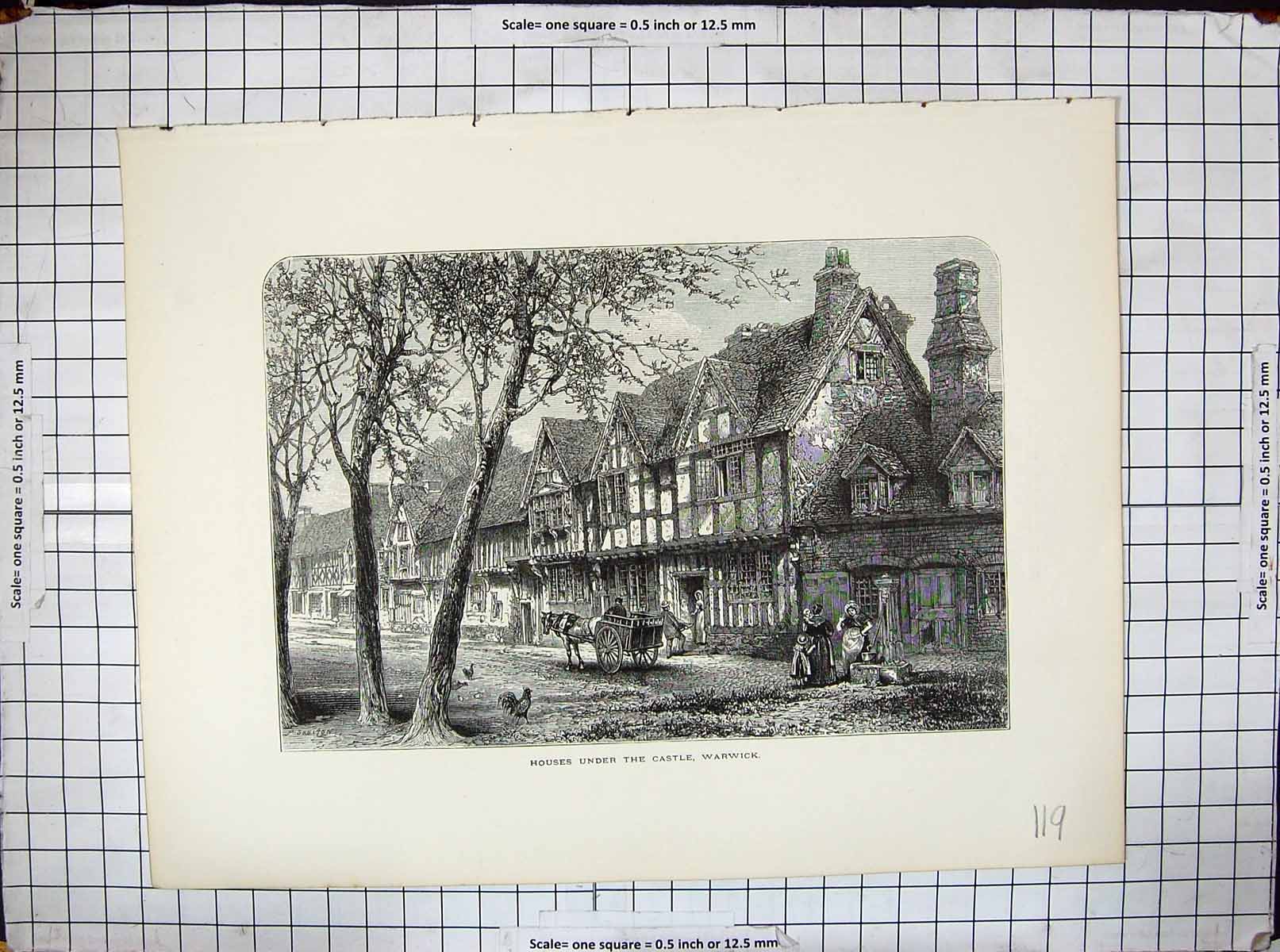 Antique Print Houses Under Warwick Castle Street Scene Horse Cart Chickens