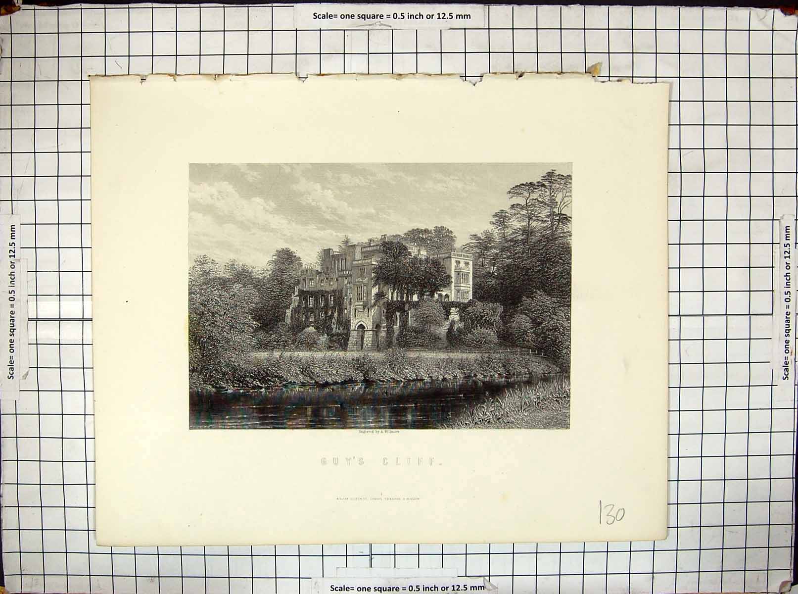 Old Antique Print View Guy'S Cliff Mansion House River Willmore Engraving