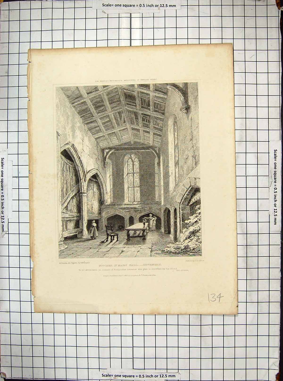 Old 1829 Interior Kitchen St. Mary Hall Coventry Smith Keux Engraving 19th